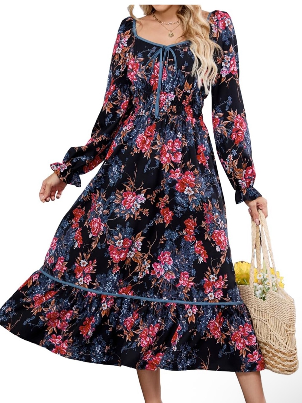 Zaful Floral Long Sleeve Midi Dress - Navy with Pink Floral